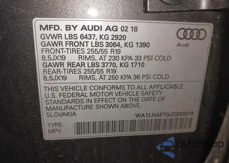 2018 Audi Q7 2.0T Premium from USA, damaged, VIN WA1LHAF73JD033319
